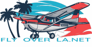 Fly Over LA logo, vectorized cessna with palm trees and sunset