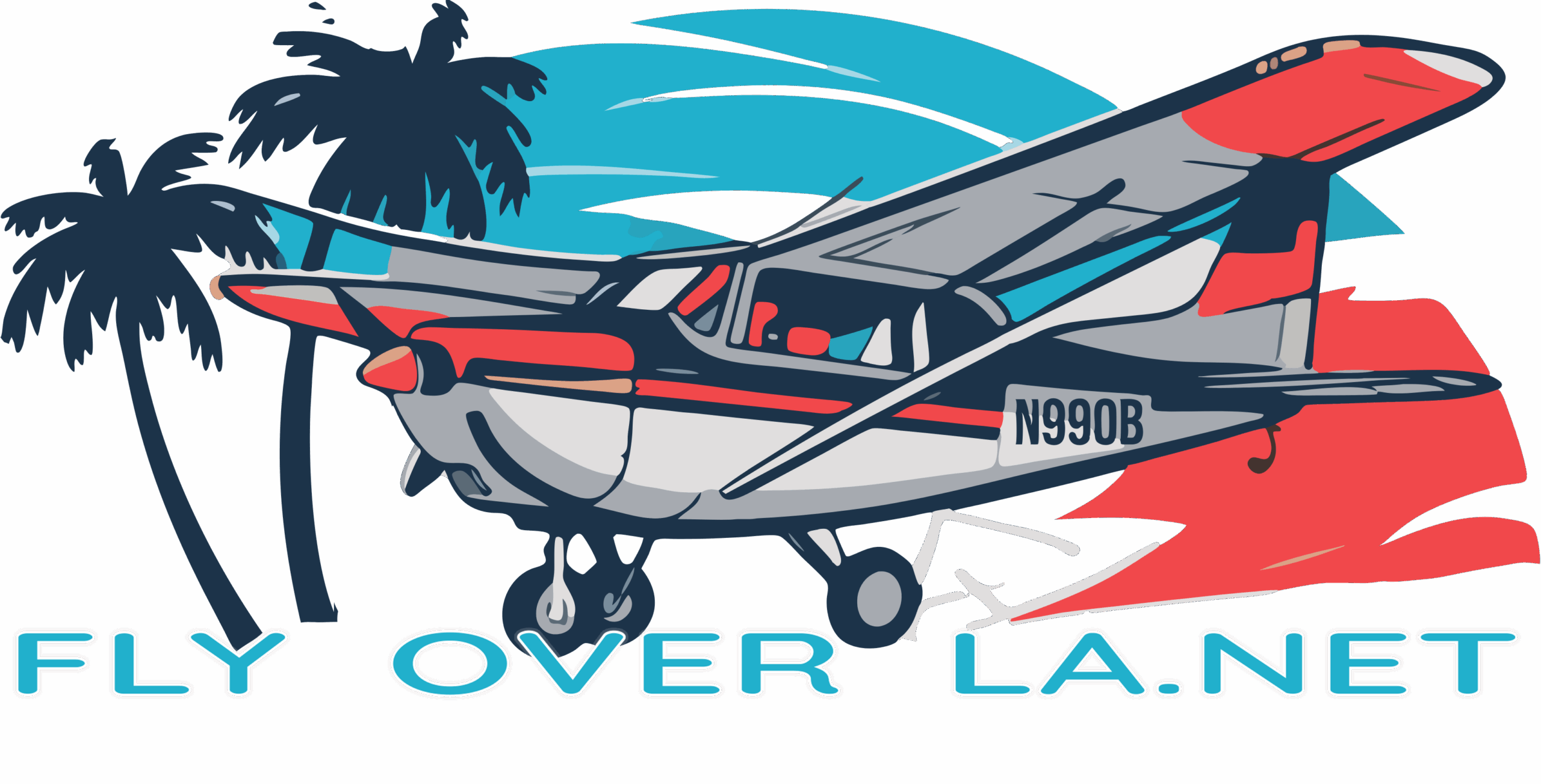 Fly Over LA logo, vectorized cessna with palm trees and sunset